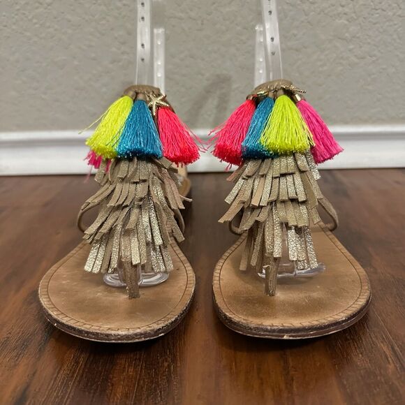 LILLY PULITZER Zoe Sandals Metallic Leather Fringed Ankle Strap - Picture 4 of 10